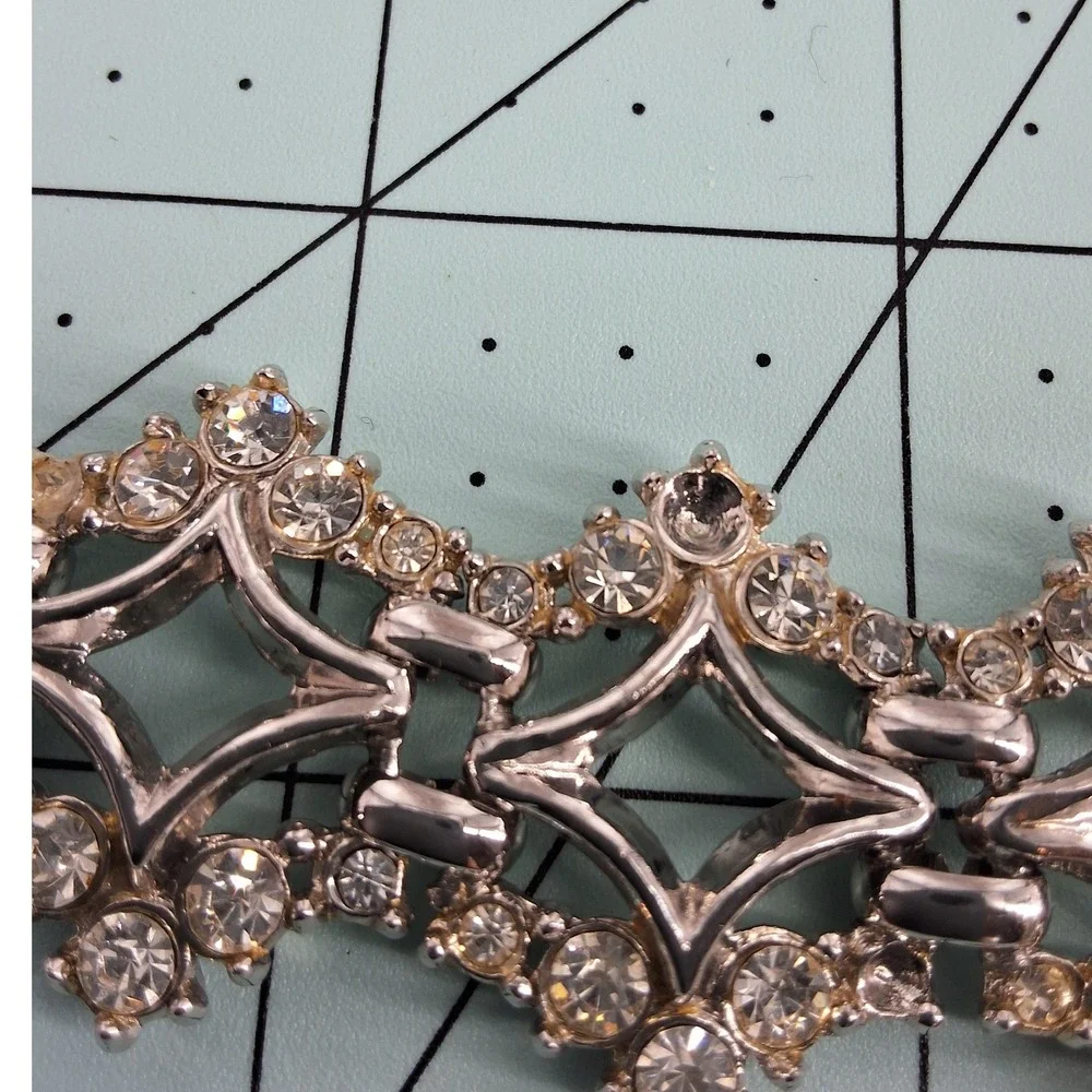 Vintage Silver Tone Rhinestone‎ Geometric Link Bracelet Art Deco 1950s